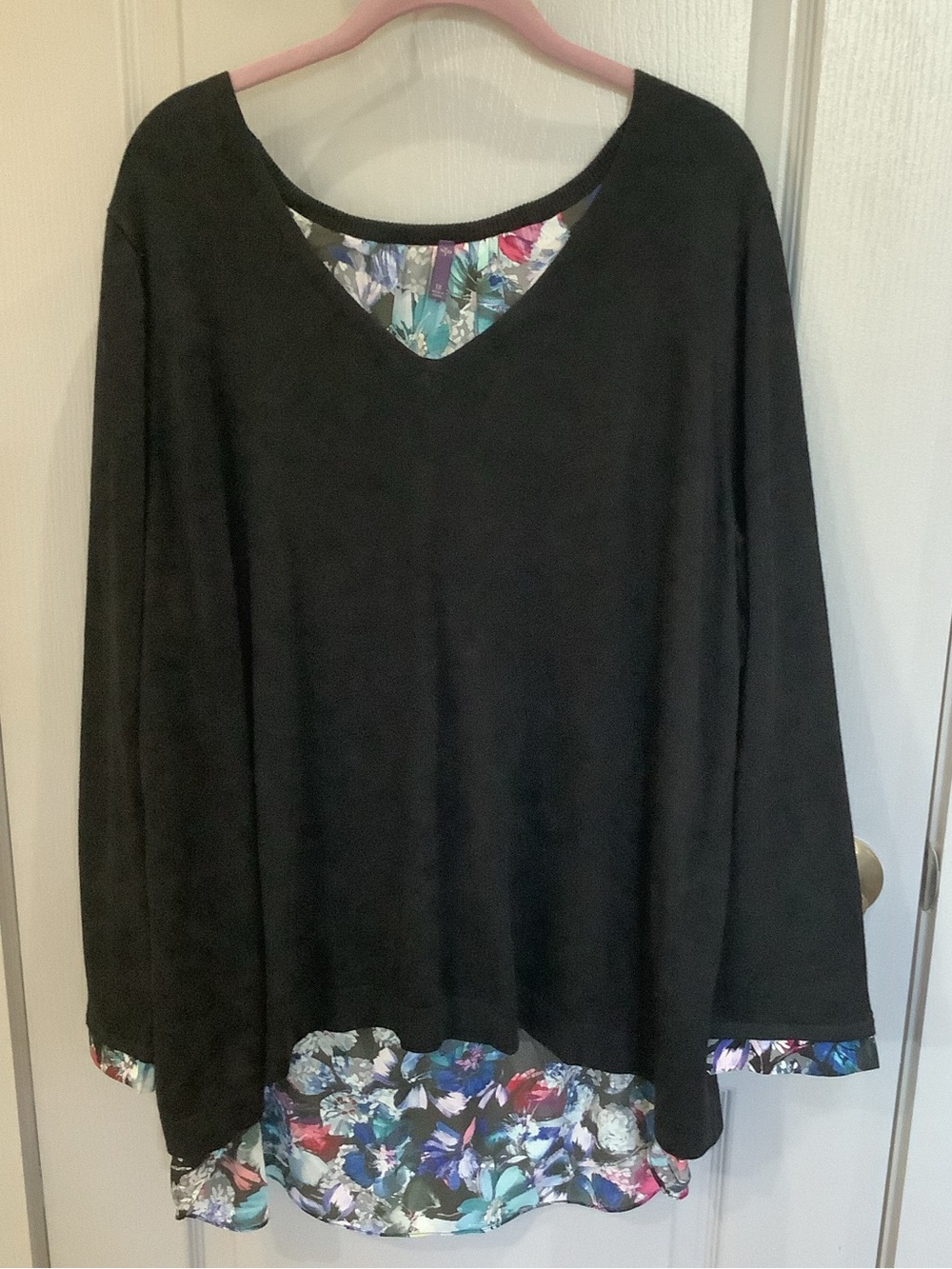 NYDJ Black Layered V‑Neck Women's Top with Floral Hem